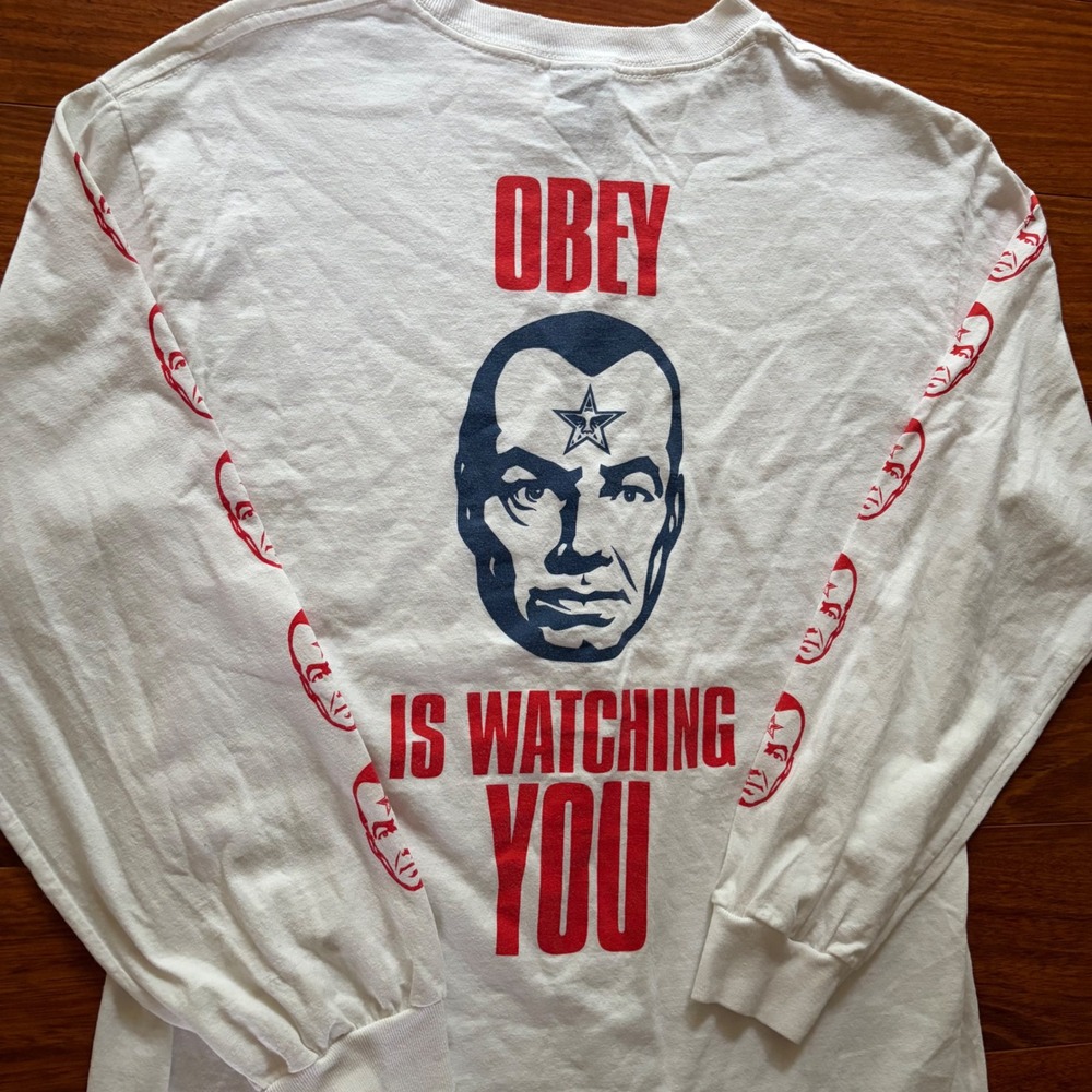 Y2K Obey Is Watching You Long Sleeve Shirt White AOP Graphic Streetwear Size M